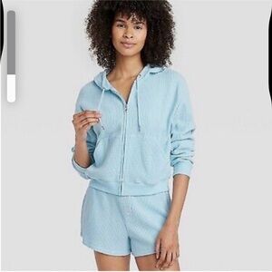 Two-piece! Women's Thermal Zip-Up Hoodie & Bra set - Auden Turquoise size S